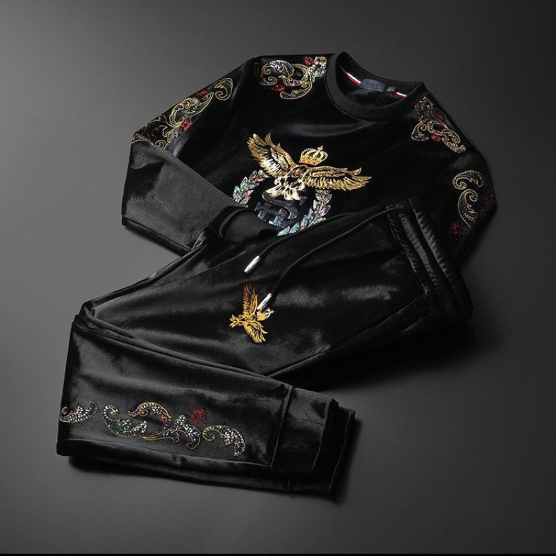 Winter plus Samt Herren Rundhals Freizeitanzug Mode High-End-Stickerei Krone Adler gepolstertes zweiteiliges Set
