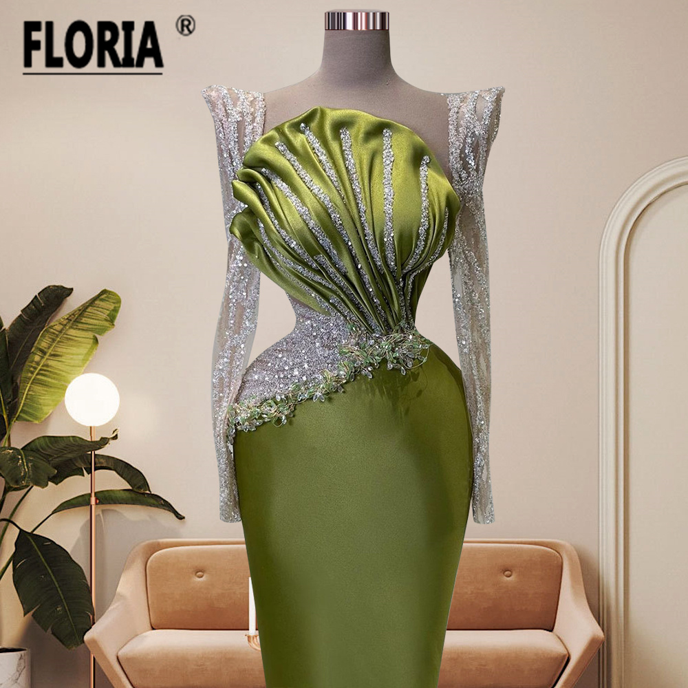 Elegant สีเขียวซาตินชุดราตรีลูกปัดเงินคริสตัล Mermaid อย่างเป็นทางการชุดแขนยาวชุดราตรีที่กําหนดเอง Vestido