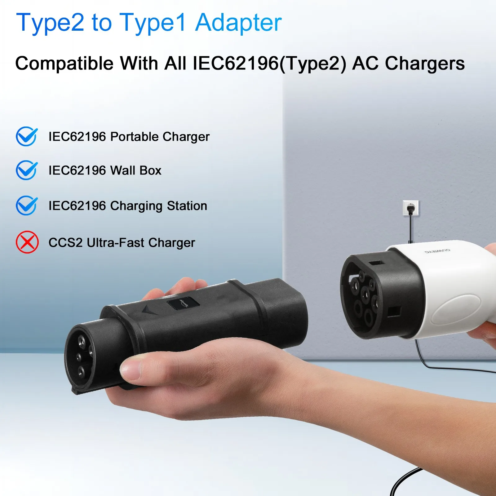 Type2 - Type1 EV 充電器アダプター 32A 単相 Type 2 充電器と互換性あり、Type 1 充電ソケット付き電気自動車用