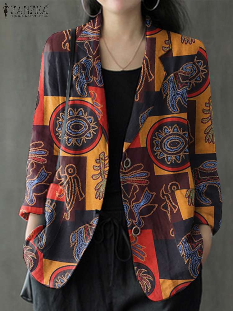 ファッション秋コート ZANZEA 女性カジュアル長袖プリント生き抜く薄いブレザー春夏綿シャツエレガントなワークブラウス