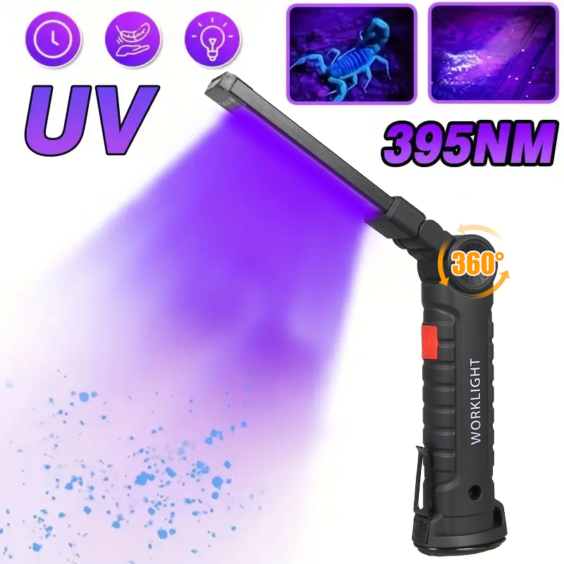 395nm LED UV Flashlight USB Rechargeable Foldable Lamp with Magnet Hook UV Light Ultraviolet for Pet Urine Detector Resin Curing