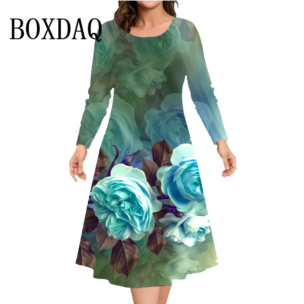 Blume O-Ausschnitt Kleid lässig lose Druck Kleider Frauen Mode Party A-Linie Kleid Herbst Winter Langarm plus Größe Kleidung 9xl