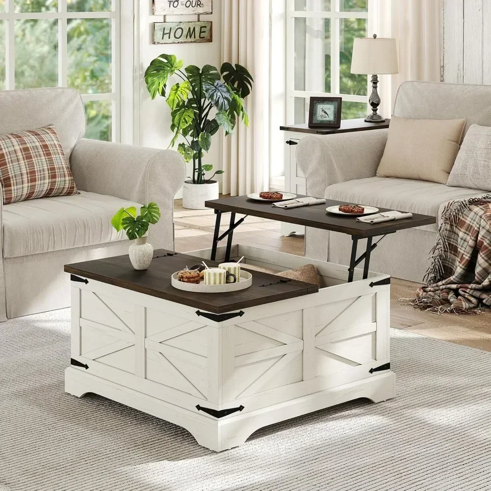 Mesa central quadrada de madeira com grande compartimento de armazenamento oculto, mesa moderna branca rústica de coquetel com tampo de elevação articulado