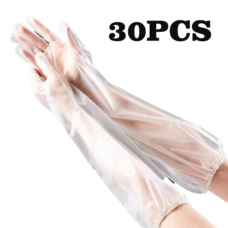 30PCS Einweg Arm Schutz Handschuhe Küche Haushalt Reinigung Wasserdichte Elastische Kordelzug Verlängert CPE Lange-Arm Handschuhe