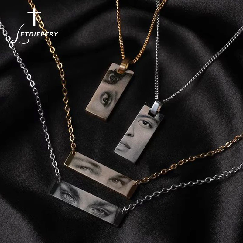 Letdiffery Custom Gegraveerde Ogen Kettingen voor Vrouwen Mannen Roestvrij Sreel Laser Carve Foto Namen Vierkante Hanger Sieraden Geschenken