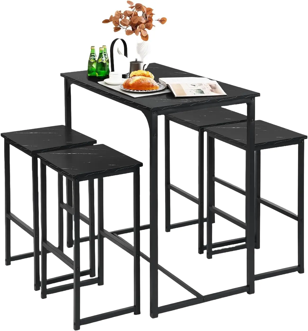 Bartisch mit Barhocker Set, Bartisch Küche mit 4 Stools, Industriestil, Bartisch 100×50×90 cm, 4 Barhocker 30×40×65 cm(Schwarz)