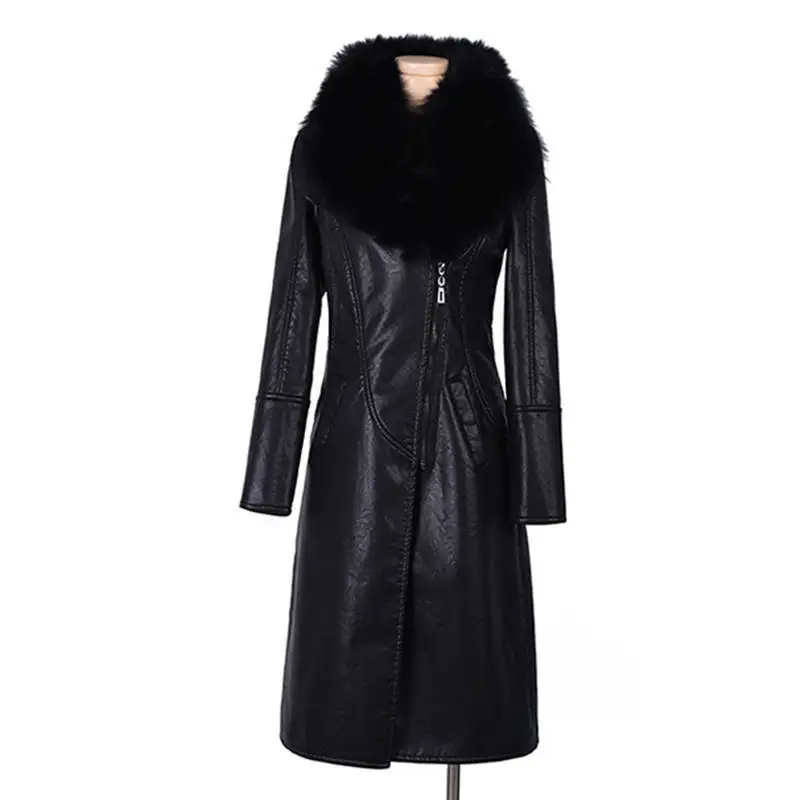 Damen-Jacke mit großem Pelzkragen, schmal, lang, PU-Leder, dicker warmer Mantel, große Größe, lässige Oberbekleidung, Wintermode, neu