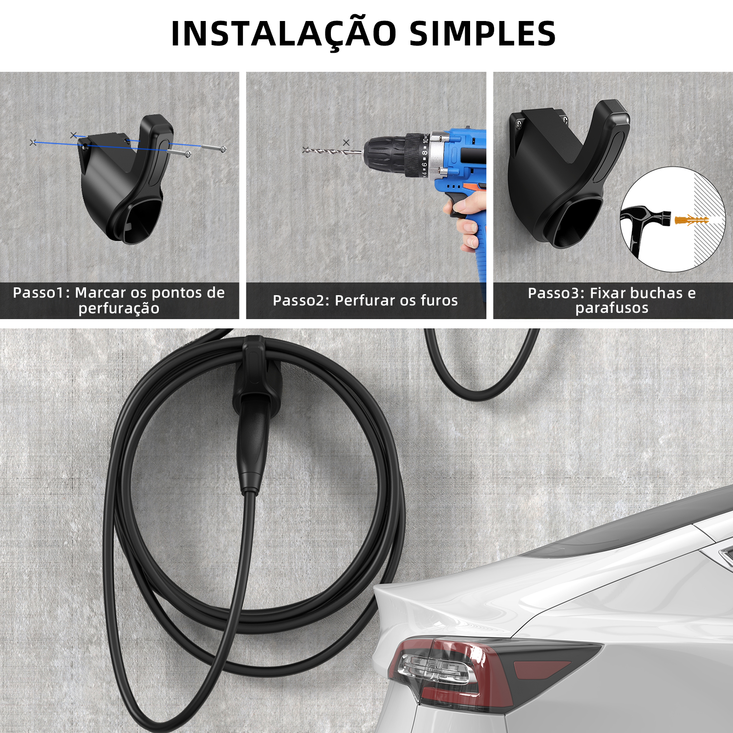 Suporte portátil para tomada de carregador ev, suporte para teslaacs tipo 1 type2 gb/t, suporte de montagem na parede para carregador de carro, cabo de carregamento