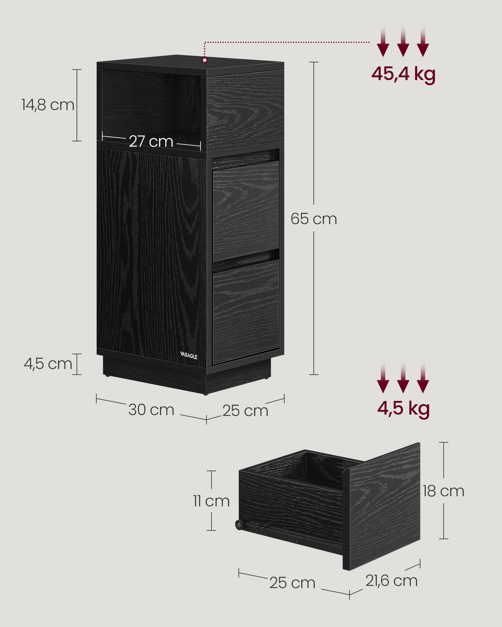 VASAGLE Nachttisch (1-St), 1er Set/2er Set, schmal, Beistelltisch mit 2 Schubladen, offenes Fach