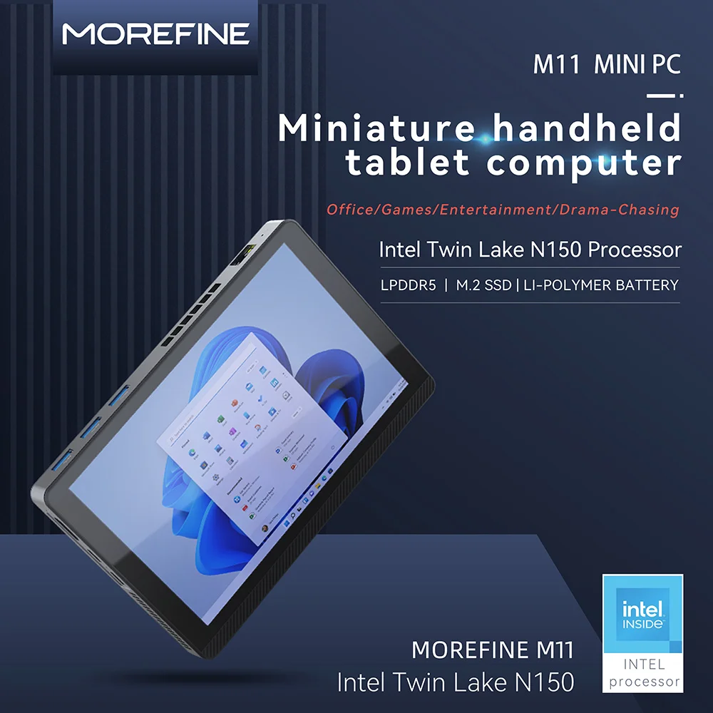 MOREFINE M11 Intel N150 7-calowy Mini PC Windows11 WiFi6 BT5.2 16GB/512G Tablet PC z ekranem dotykowym 4K 3400mAh Mini Desktop Host