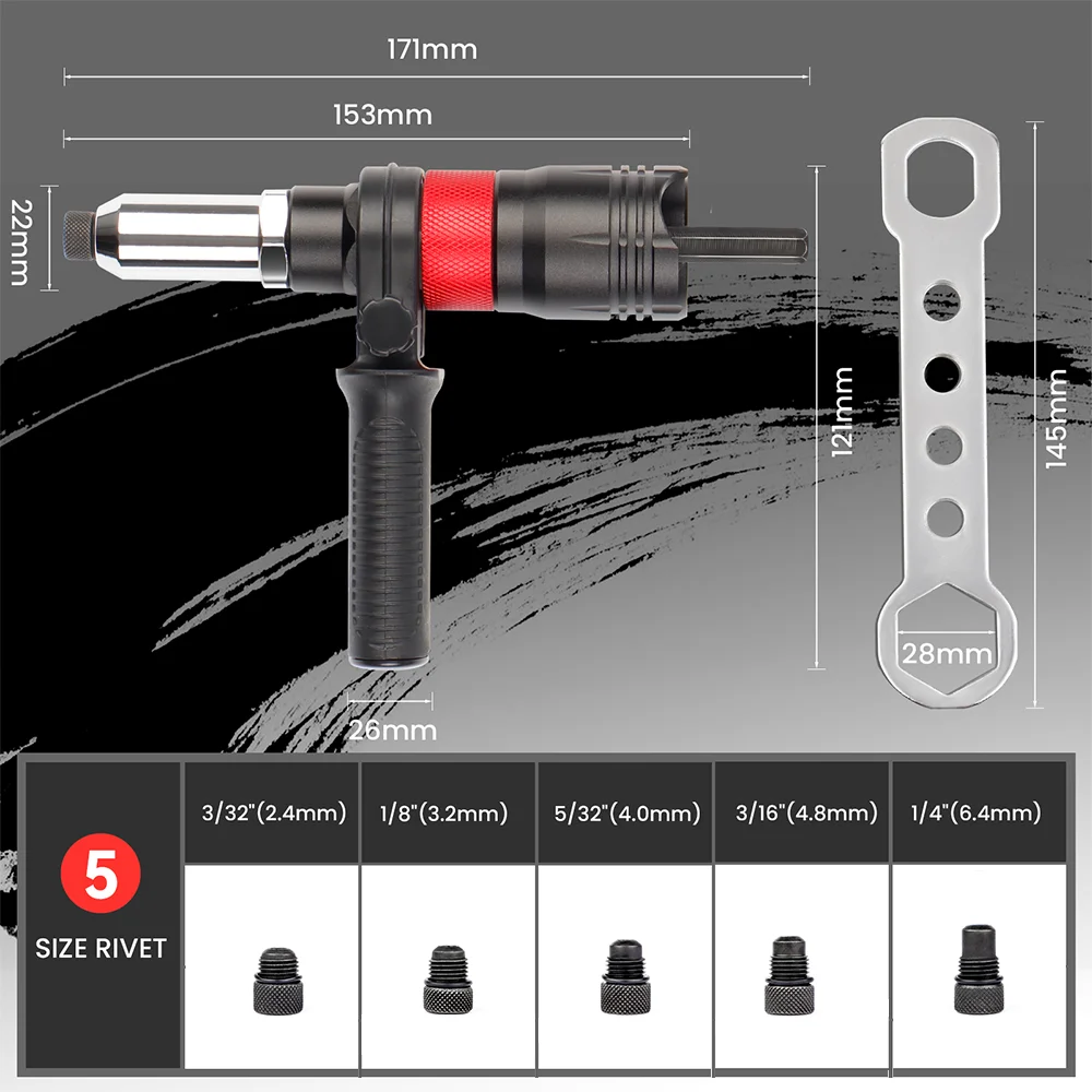 Machine à riveter, adaptateur de pistolet à riveter électrique, outil de rivetage domestique 2,4 mm-3,2 mm-4,0 mm-4,8 mm-6,4 mm avec poignée, machine à riveter multifonction sans fil, adaptée aux perceuses électriques