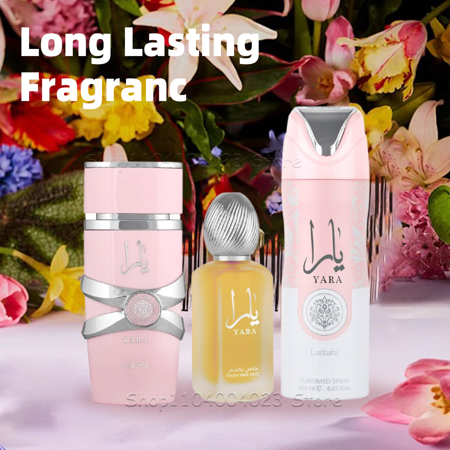 Conjunto de 3 peças Lattafa Yara para mulheres, spray de eau de parfum de 3,4 oz + névoa de cabelo de 1,7 oz + spray desodorante de 6,7 oz, perfume de feromônio doce