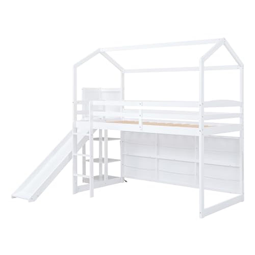 Kids Twin House Loft Bed with Slide Storage Shelves and LED Light Wood Low Loft Bed Guardrail Ladder Playhouse Creative Design