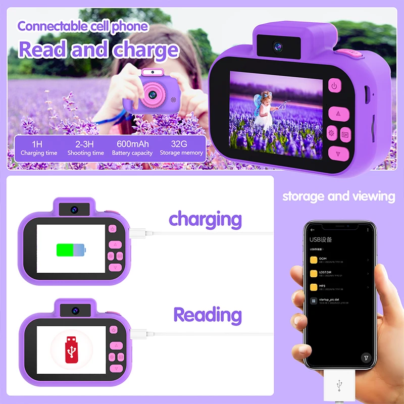 Câmera Digital Dupla para Crianças, HD 1080P, 8X Zoom Digital, Flash Light, Built-In Game Video Toys, Mini Display Colorido, Presente de Aniversário