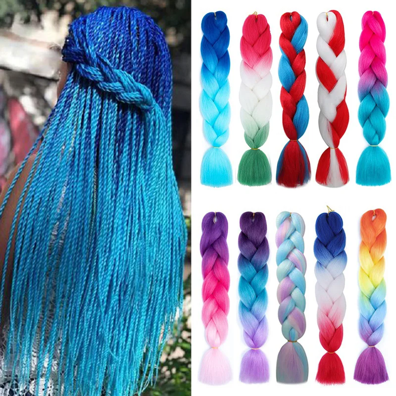 Synthetische Jumbo Zöpfe Haar 24 Zoll Flechten Haarverlängerungen Ombre Kunsthaar für Häkelbox Zopf Blau Lila für Frauen