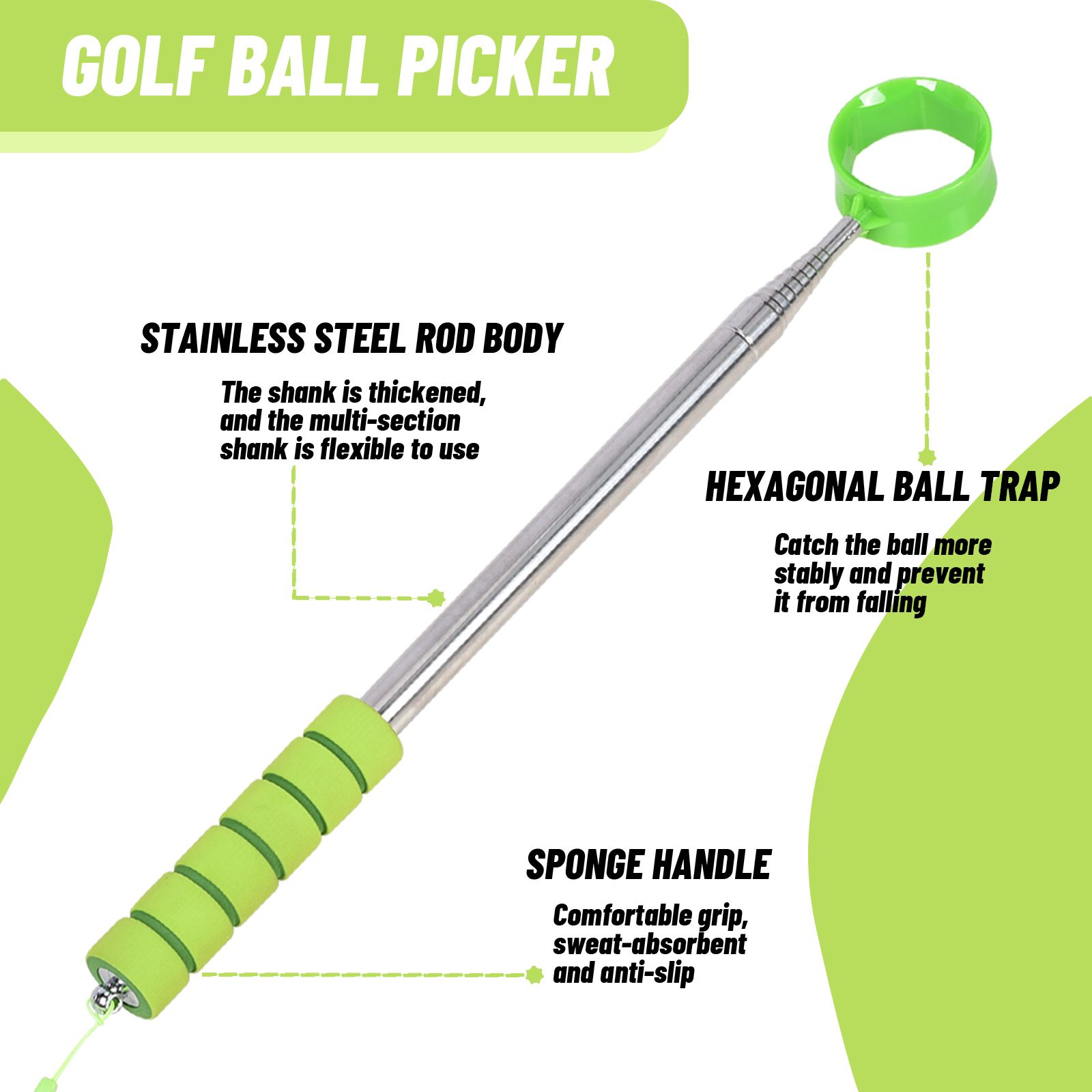 Il raccoglitore di palline da golf retrattile Cercatore di palline da golf leggero in acciaio inossidabile e maniglia facile Crea il regalo perfetto per palline da golf