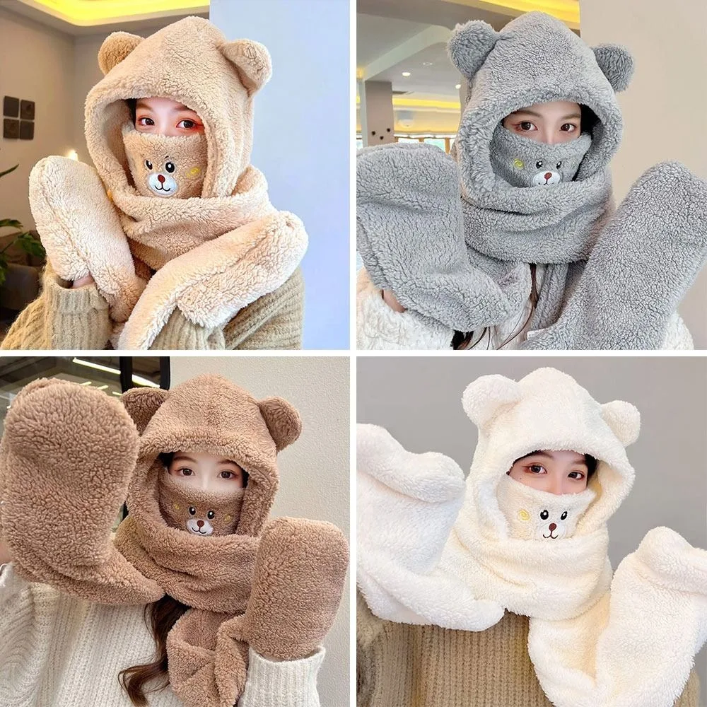 Cute Plush Bear Ear Beanies Cap Warm Large Head Circumference Lamb Skull Cap Splicing Warm White Thickened Scarf Gloves Set Head