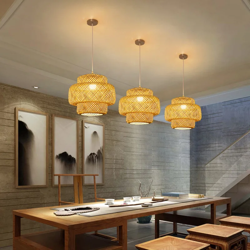 Lámpara colgante de bambú de estilo chino tejida a mano, lámpara colgante tejida, candelabros de restaurante, decoración del hogar, accesorio de iluminación AC85-260V