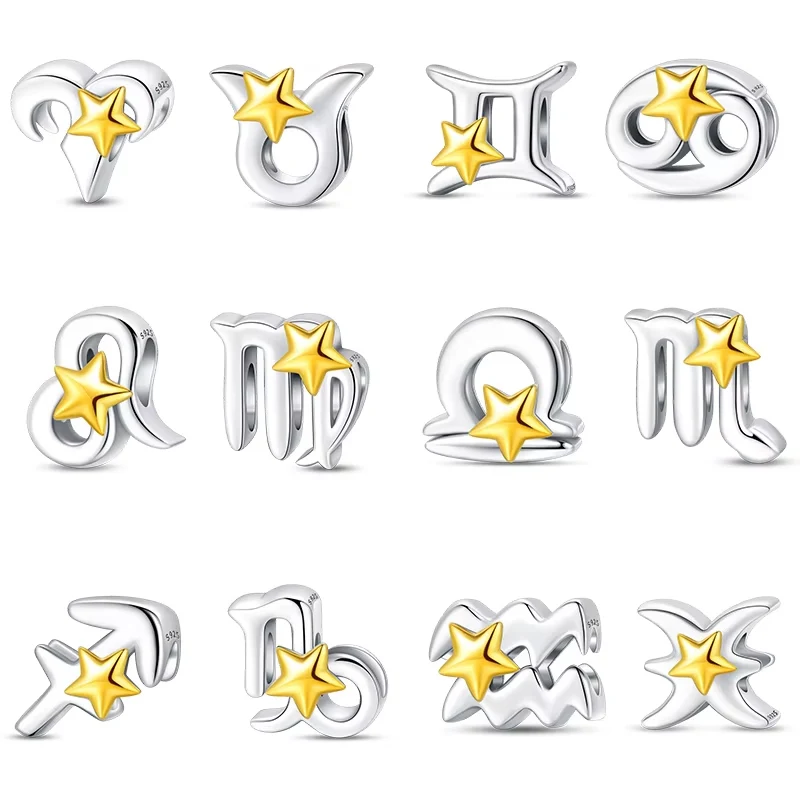 2025 venda quente encantos grânulo 26 letras 925 prata esterlina 12 signos do zodíaco balançar ajuste pulseira colar diy jóias gifs