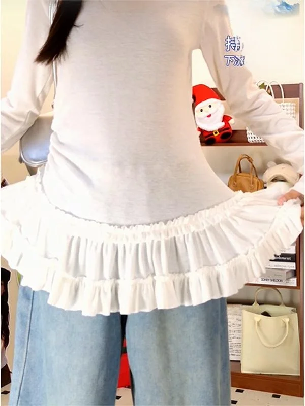 バレエスタイルフリル裾長袖 Tシャツ女性のファッションスリムフィットベースレイヤーシャツインナーウェアトップ春シーズン用
