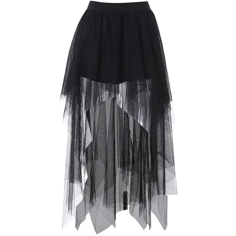 Sexy Netto Garen Hoge Taille Onregelmatige Rok voor Vrouwen Zomer Nieuwe Europese en Amerikaanse Gotische Stijl Veelzijdige Casual Rokken