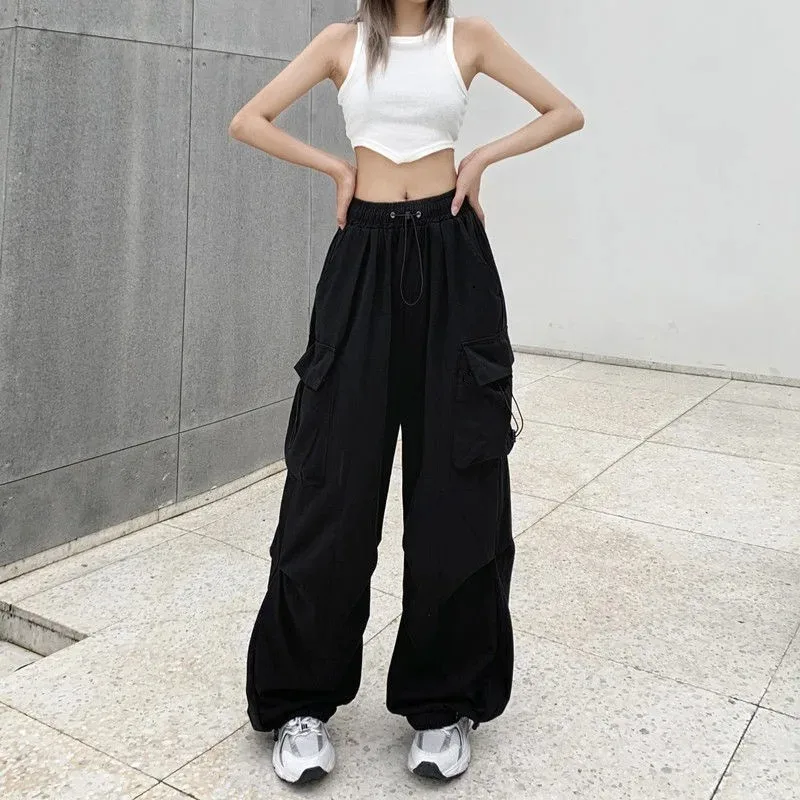 Amerikaanse retro tooling broek vrouwelijke gedrapeerde rechte balkvoetbroek zomer joker losse broek met wijde pijpen