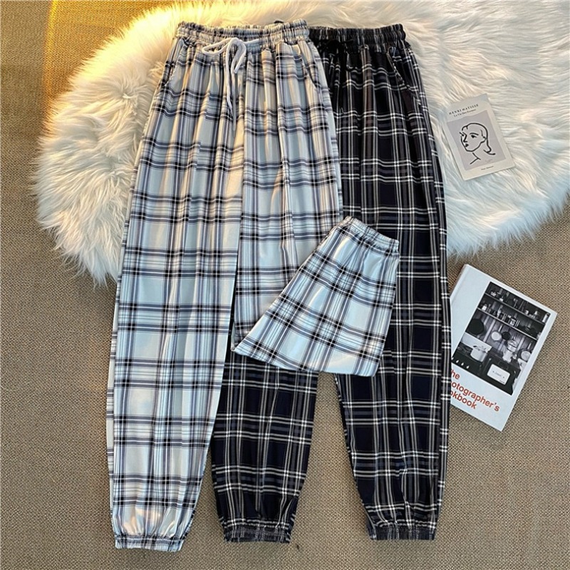 Pants Women New Bunch of Feet Fashion Loose Black Plaid Summer Harajuku Students Streetwear Harem Long Trousers Womens Chic