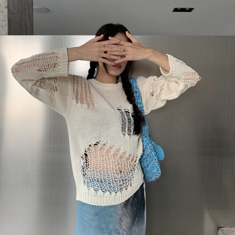 Karrram Gothic Aushöhlen Pullover Loch Sehen Durch Übergroßen Gestrickte Pullover Emo Streetwear Grunge Kleidung Y2k Tops Frühling
