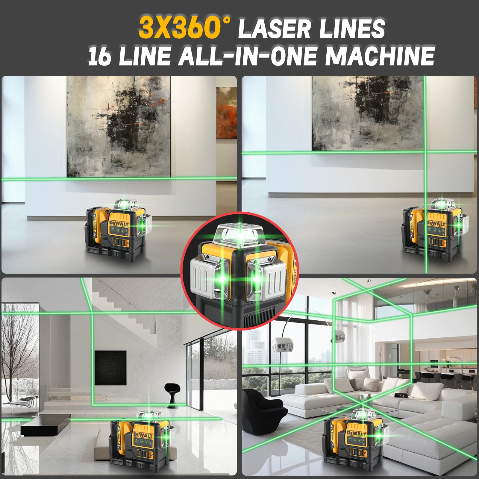 Dewalt DW089LG 3 côtés * 360 degrés Vertical 12V batterie au Lithium 12 lignes niveau Laser compteur vert horizontal machine nue extérieure