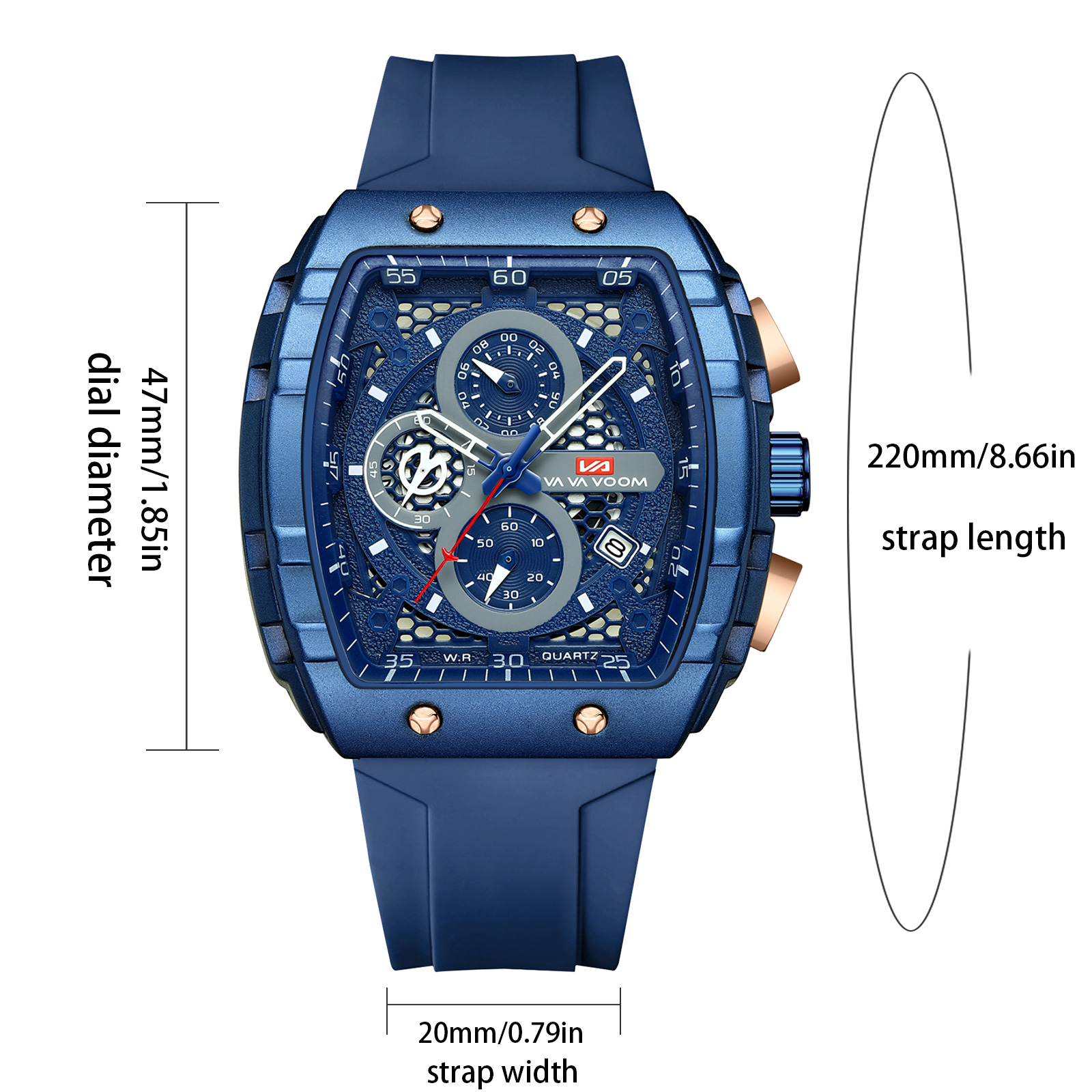 Va va voom relógio masculino com 47mm grande mostrador cronometragem multifuncional relógio elegante pulseira de silicone relógio esportivo militar para homem