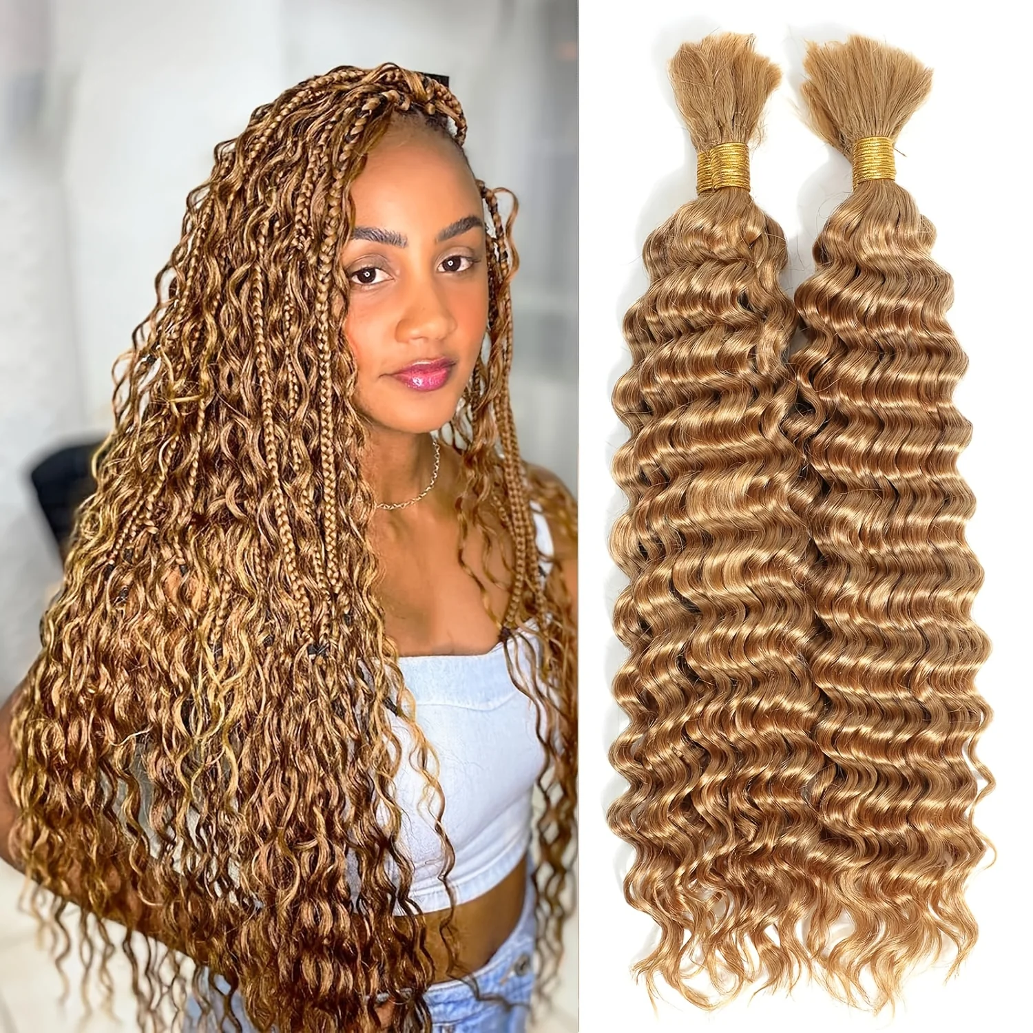 # 27 mel loira em massa cabelo humano para trança onda profunda pacotes de cabelo humano sem trama pacotes para extensões de cabelo feminino