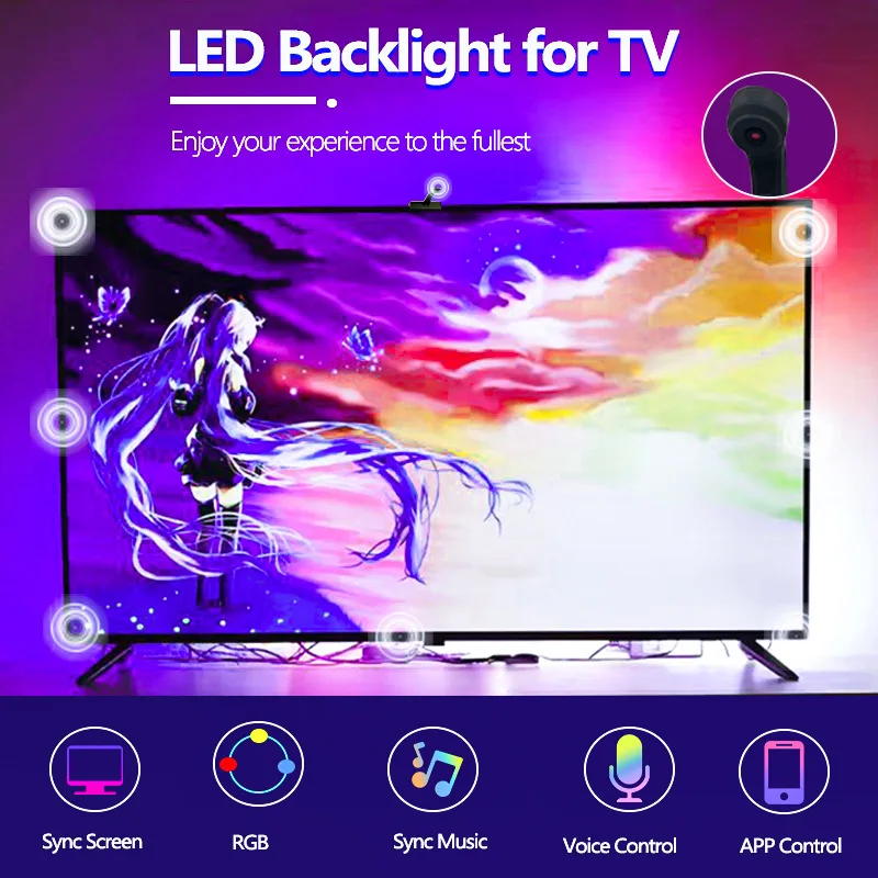 Sincronización de retroiluminación LED de TV USB a pantalla para RGBIC en tiempo Real de 40-65 pulgadas con tira de luz LED de cámara para sala de juegos Compatible con HDMI 4K