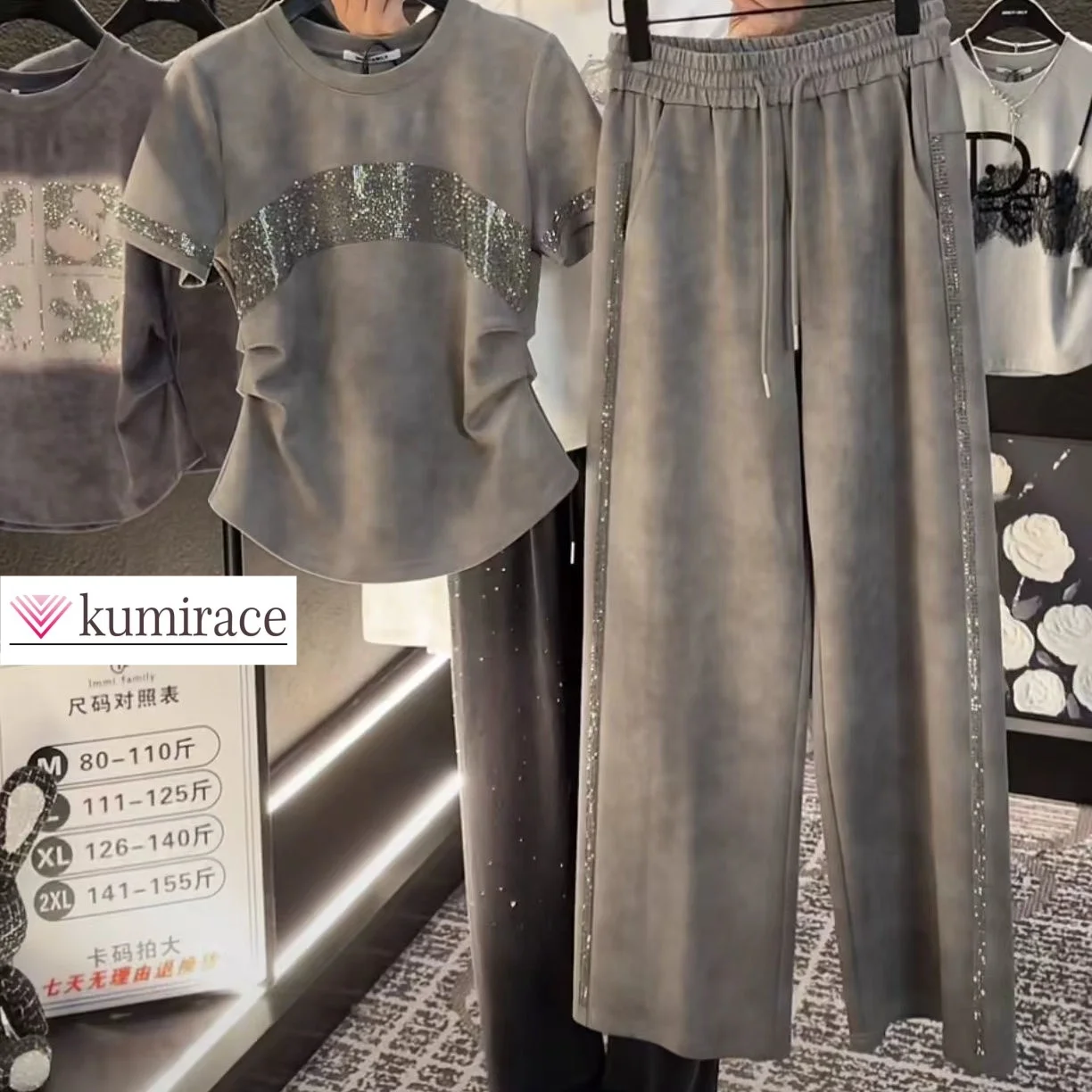 Zomer elastische taille woon-werkverkeer strass korte mouwen T-shirt top losse broek met rechte pijpen tweedelige set voor damesoutfits