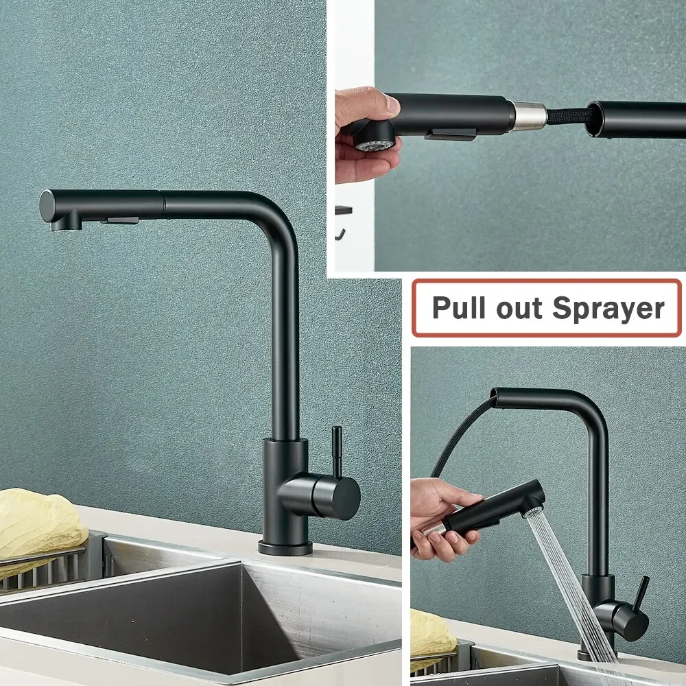 Free Shipping Black Pull Out Kitchen Sink Faucet Two Model Stream Sprayer Nozzle Stainless Steel Hot Cold Wate Mixer Tap Deck