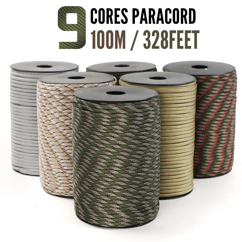 Paracord de 9 núcleos, 650lb, 100m de diámetro, 4mm, cuerda de paracaídas estándar militar, cordón para tienda, accesorios para pulsera de supervivencia, fabricación DIY