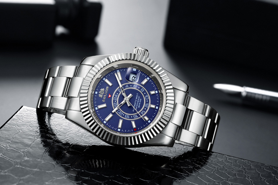 Reloj mecánico automático de cuerda automática para hombre, correa de acero inoxidable, oro rosa, plata, azul, fecha, cielo de lujo, 40mm