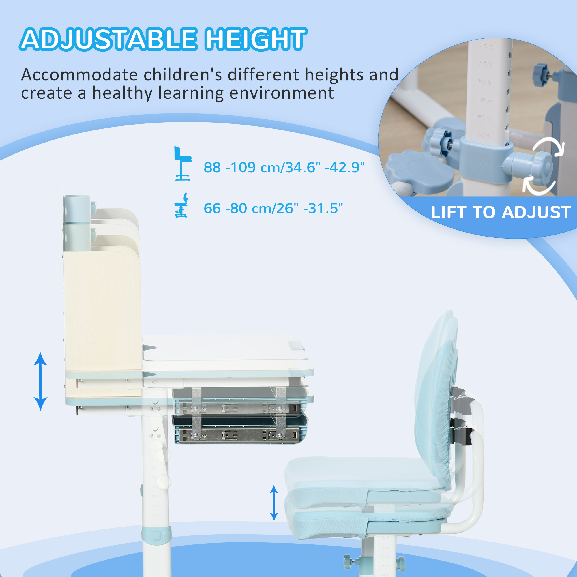 HOMCOM Kids Study Desk and Chair Set, Height Adjustable Set with Storage Shelves, Anti-Slip Mat, for Ages 3-12 Years