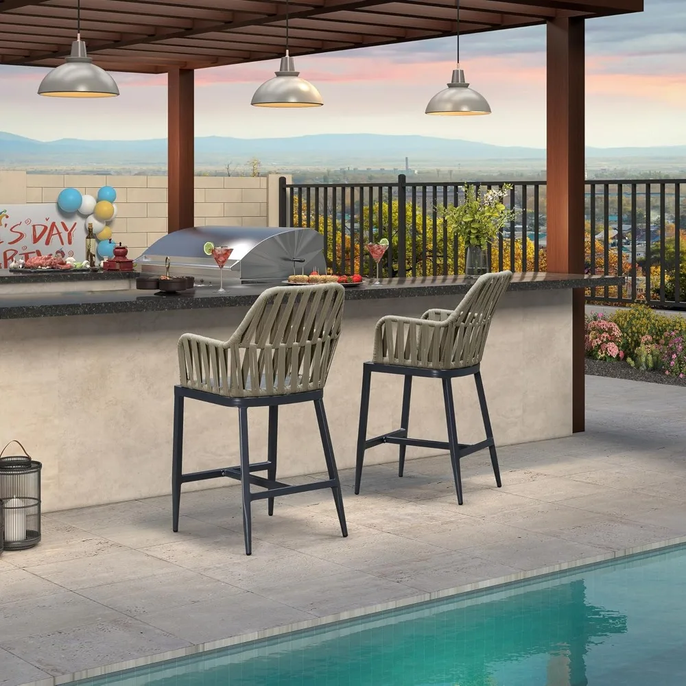 Outdoor Counter Height Bar Stool Set of 2 Metal Barstools with Backrest Bar Height Patio Chairs Kitchen Stools for Island Dark