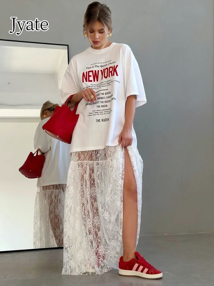 Jyate Jacquard Transparante Lange Kanten Rok Vrouwen 2024 Zomer Nieuwe Hoge Taille Sexy Casual Maxi Rokken Street Fashion Wit jupe