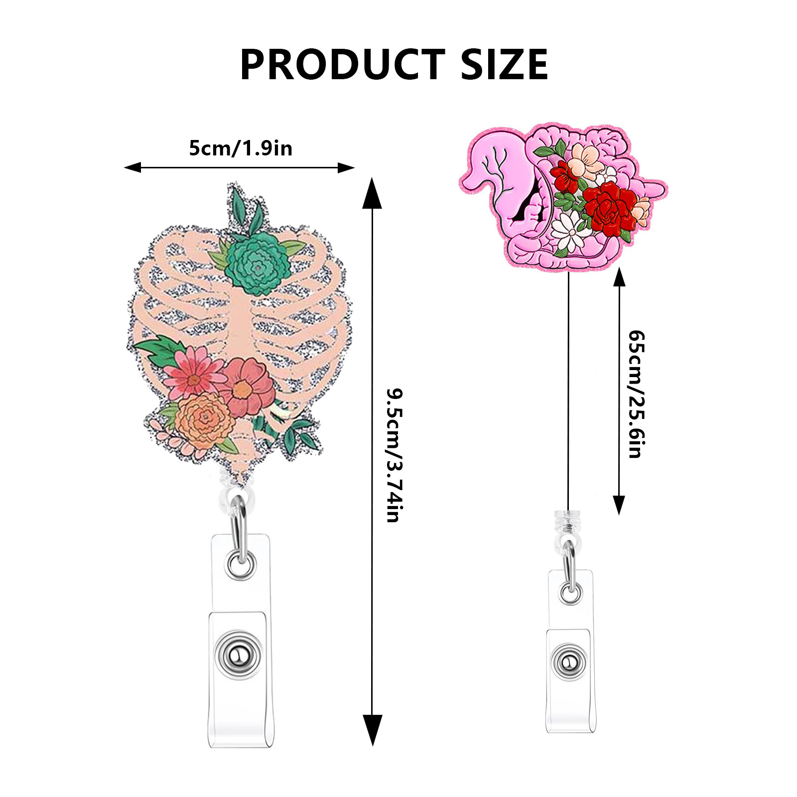 개폐식 장기 뇌 심장 배지 릴 클립, 꽃 아크릴 병원 실험실 의사 간호사 작업 ID 태그 카드홀더 의료 액세서리