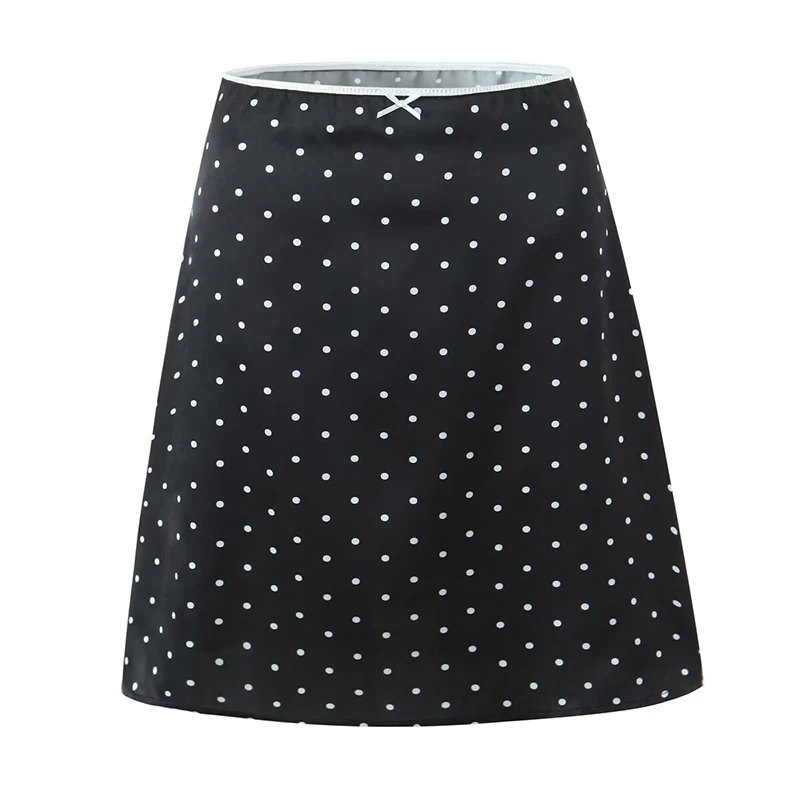 YENKYE 2025 ผู้หญิงวินเทจสีดําสีขาว Polka Dot A-Line เข่าความยาวกระโปรงเซ็กซี่ต่ําเอววันหยุดฤดูร้อนกระโปรง