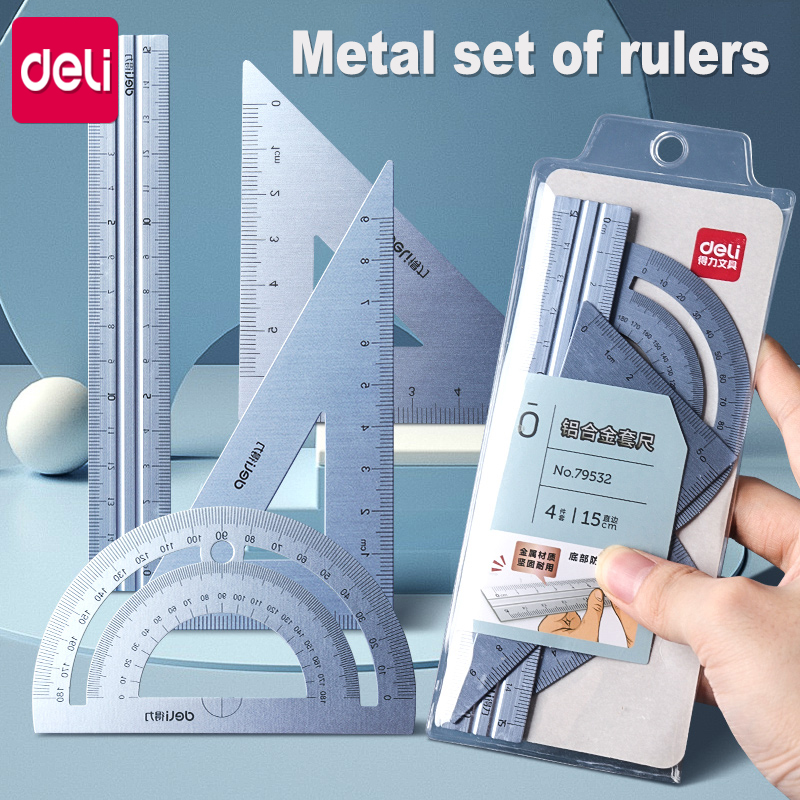 Deli-Regla de Metal para dibujo escolar, regla triangular de medición para niños, juego de regla recta de ángulo de aprendizaje, suministros de accesorios de oficina