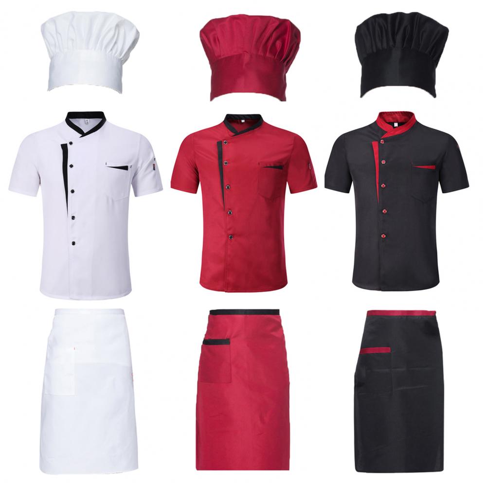 Breathable Chef Suit Hotel Kitchen Chef Uniform Set 3pcs Unisex Stand Collar Apron Hat Shirt for Restaurant Cooking Short Sleeve