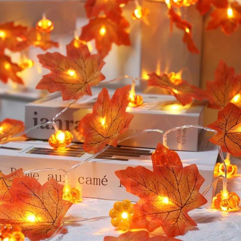 Guirnalda de luces 3D de calabaza y Hojas de arce para Halloween, Lámpara decorativa para el hogar, cosecha de Acción de Gracias, decoración de Festival interior de otoño, 1 ud.