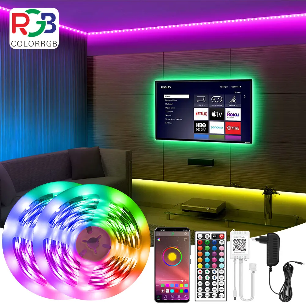 LED-Streifenlicht RGB 5050, Musiksynchronisierung, Farbwechsel, 30 LEDs pro M, App-gesteuerte LED-Leuchten, 5 m, 10 m, 15 m, DC12 V, flexibel