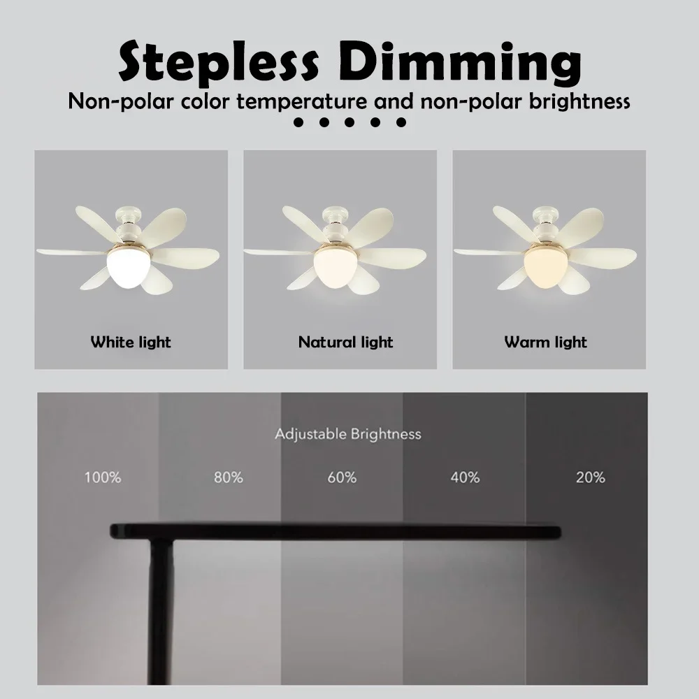 LED CeIling Fan Light E26 E27 Base 30W 42cm with Wireless Remote 3 Adjustable Lighting Modes Smart Fan Lamp for Bedroom Home Fan