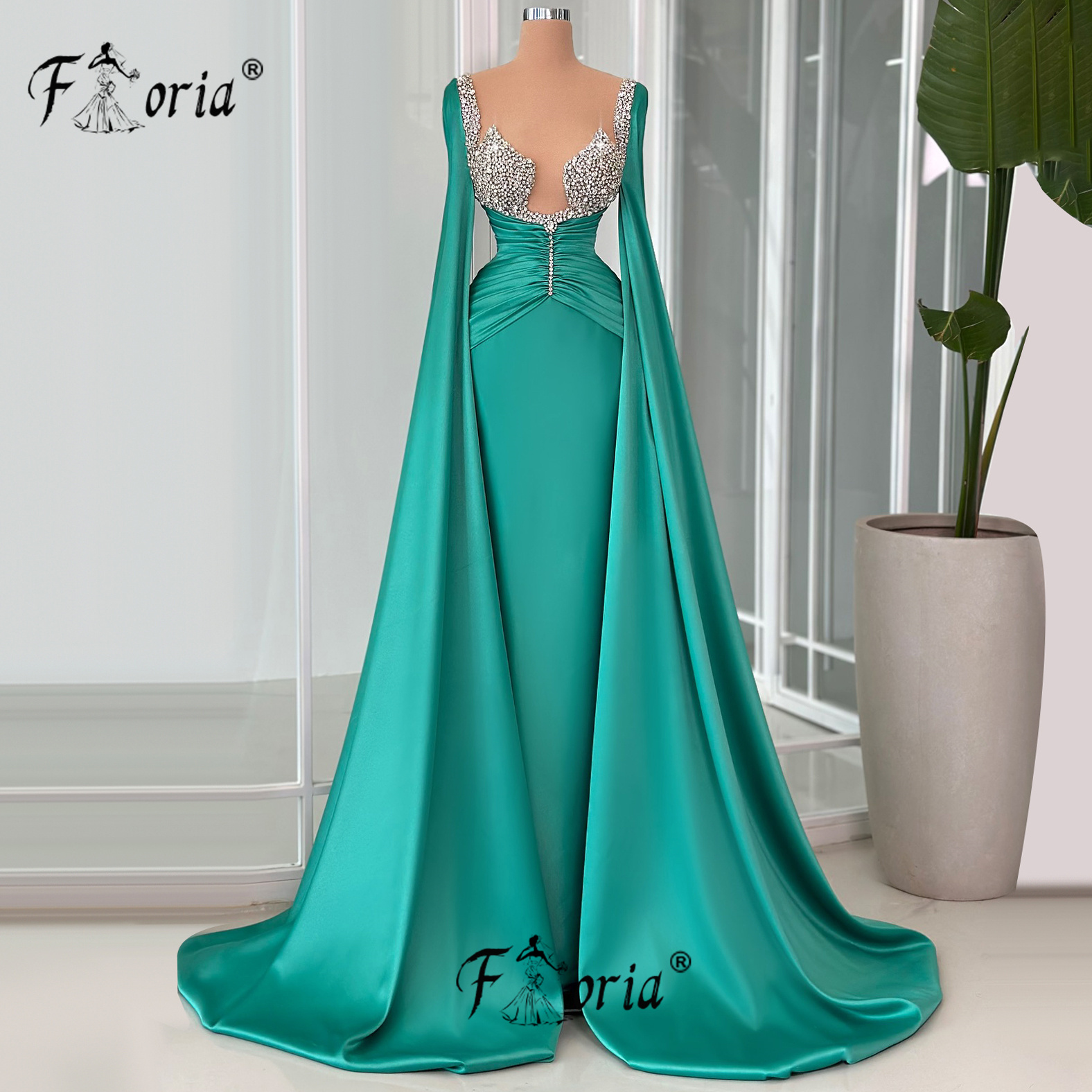 Long Cape Sleeve Crystals Mermaid Formal Evening Dresses Satin Pleats Customized Special Occasion Dress Plus Size Robe de soiree