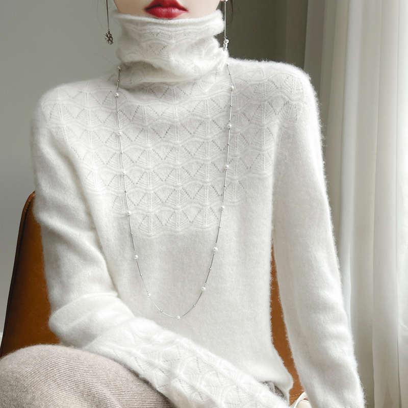 Jersey de Cachemira a la moda para mujer, jersey de lana merina de 100%, suéter de punto calado sin costuras de manga larga liso con cuello alto para invierno