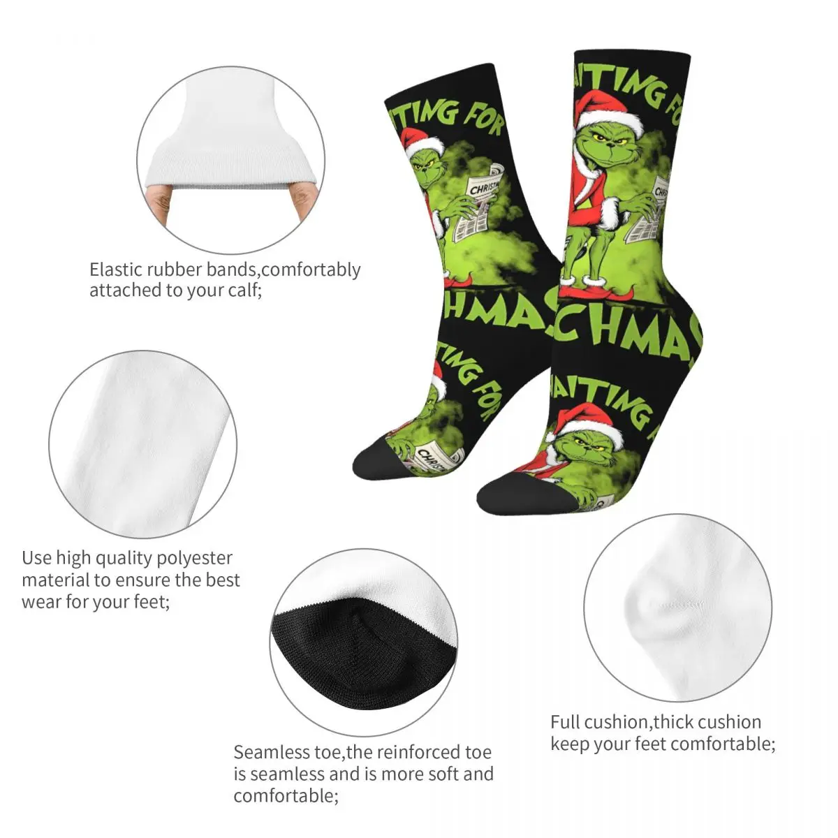 Calcetines unisex para hombre Navidad-S-Verde-S-Grinching Sólo esperando por medias navideñas Calcetines Kawaii de invierno Calcetines antideslizantes para escalar