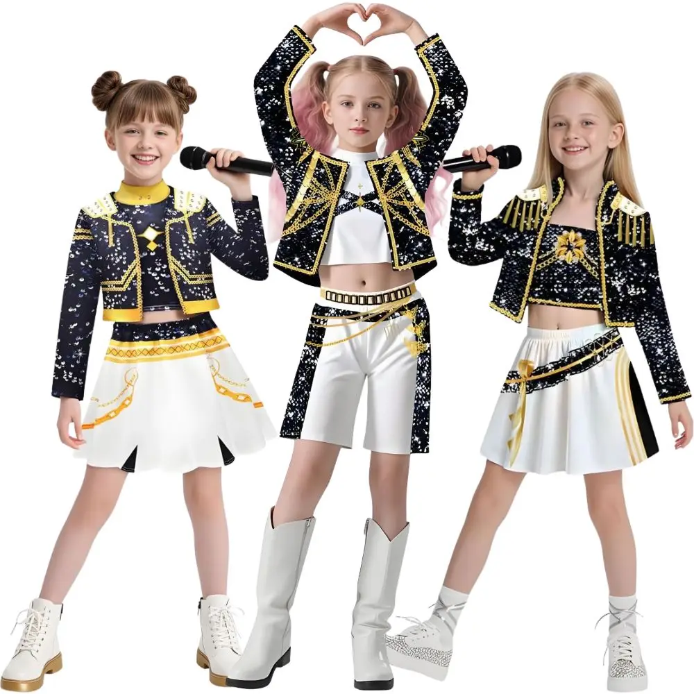 Bambini Ragazze Kpop Rumi Zoey Mira Demon Hunters Costume Cosplay Travestimento per Bambino Vestiti Stampati Gioco di Ruolo Vestito di Carnevale di Halloween